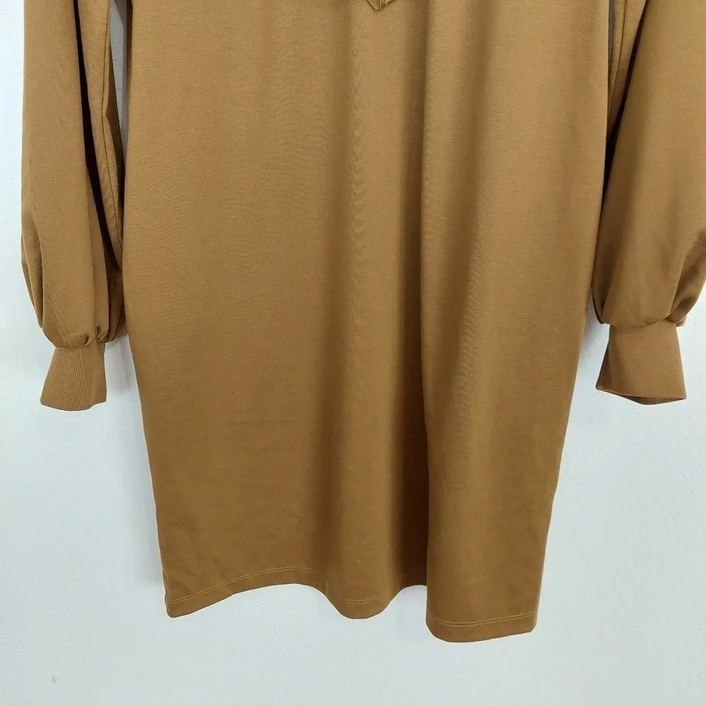 Who What‎ Wear Mock Ruffled Neck Sheath Long Sleeve Dress Brown  Pockets Size M